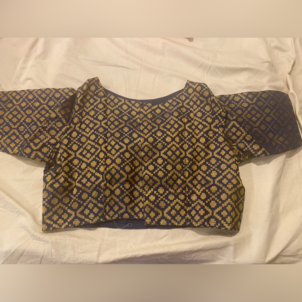 Saree blouse navy blue with woven gold designs